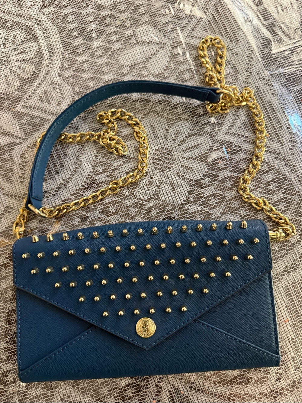 Rebecca Minkoff Gold-Stud Navy Crossbody Wallet with Chain Strap